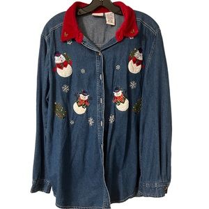 Women’s long sleeve Christmas Snowman Denim Button Down Shirt